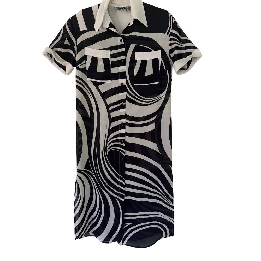 Judy Hornby Womens Black White Abstract Swirl Stripe Sheer Dress Size 4 Retro